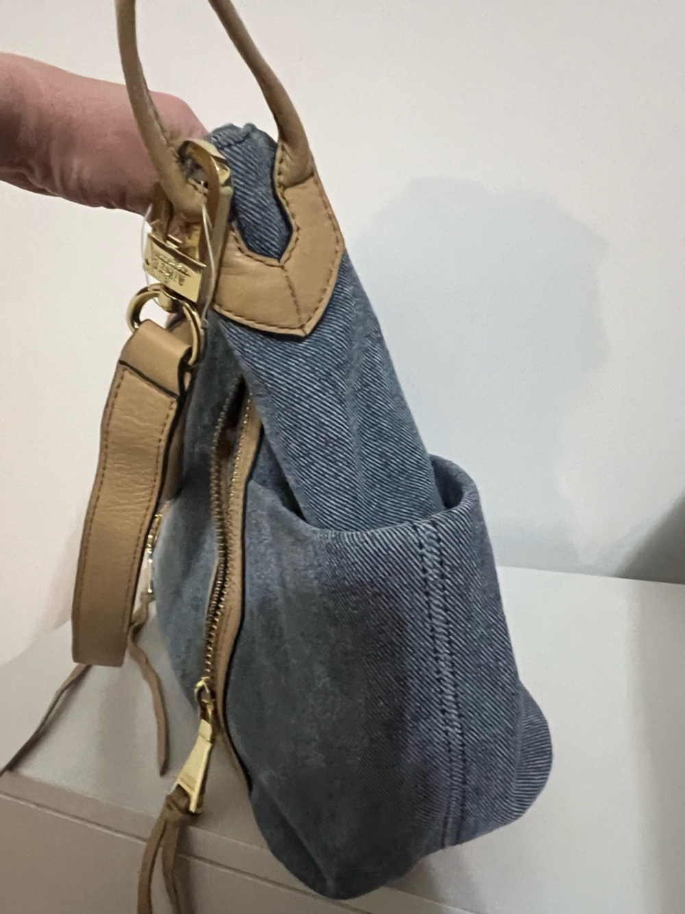 NWOT Aimee KESTENBERG Denim Shoulder Tote with Tan Trim & Pouch Bag - Picture 7 of 11